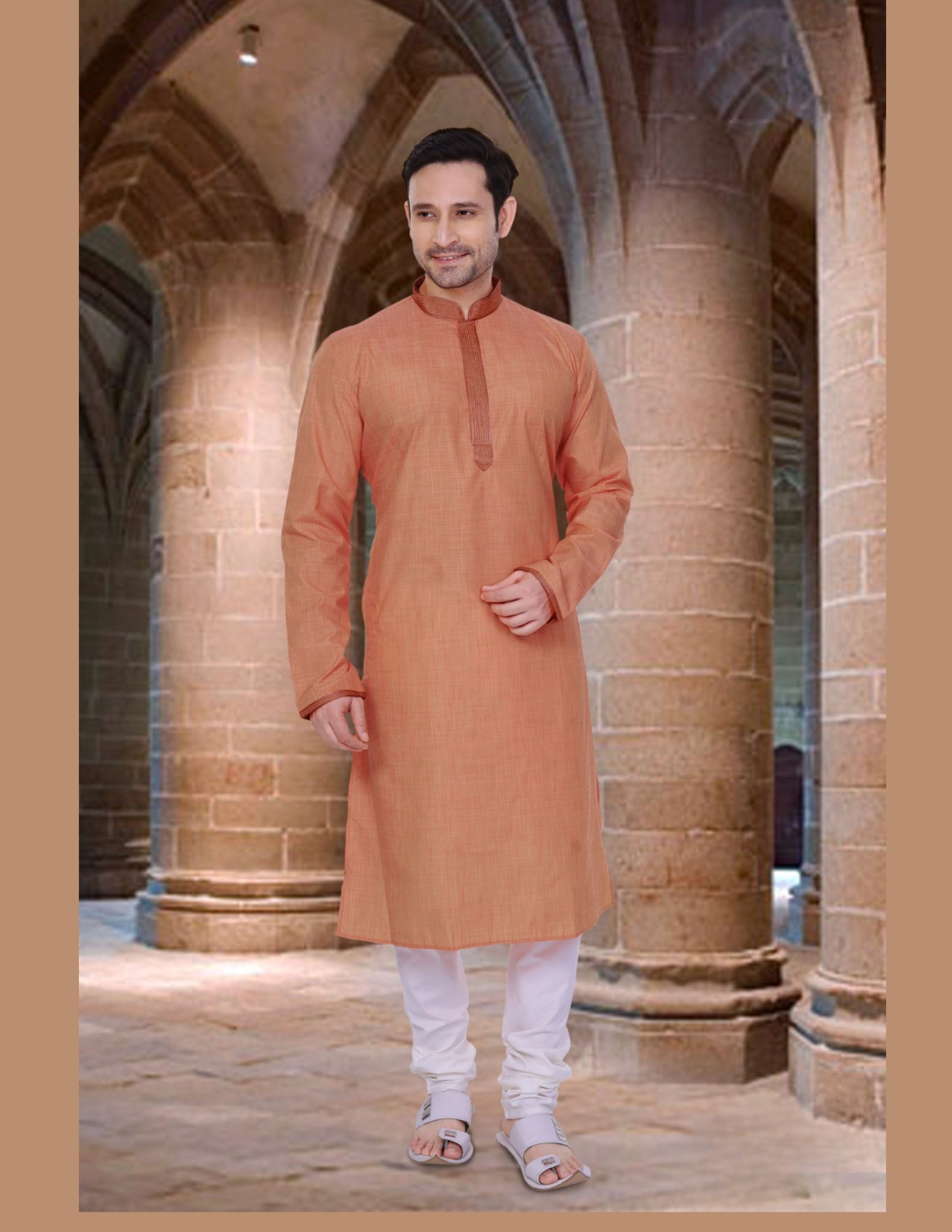 Wonderful Light Orange Color Poly Cotton Lace Embroidery Work Pajama Set For Men