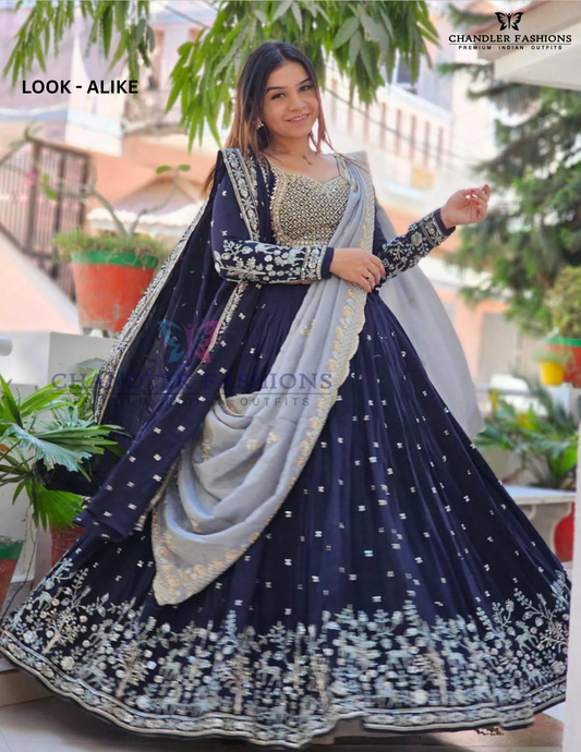 Alluring Dark Blue Color Embroidery Work With Georgette Lehenga Choli For Women