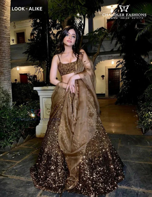 Beautiful Golden Color Sequins Work Lehenga For Women