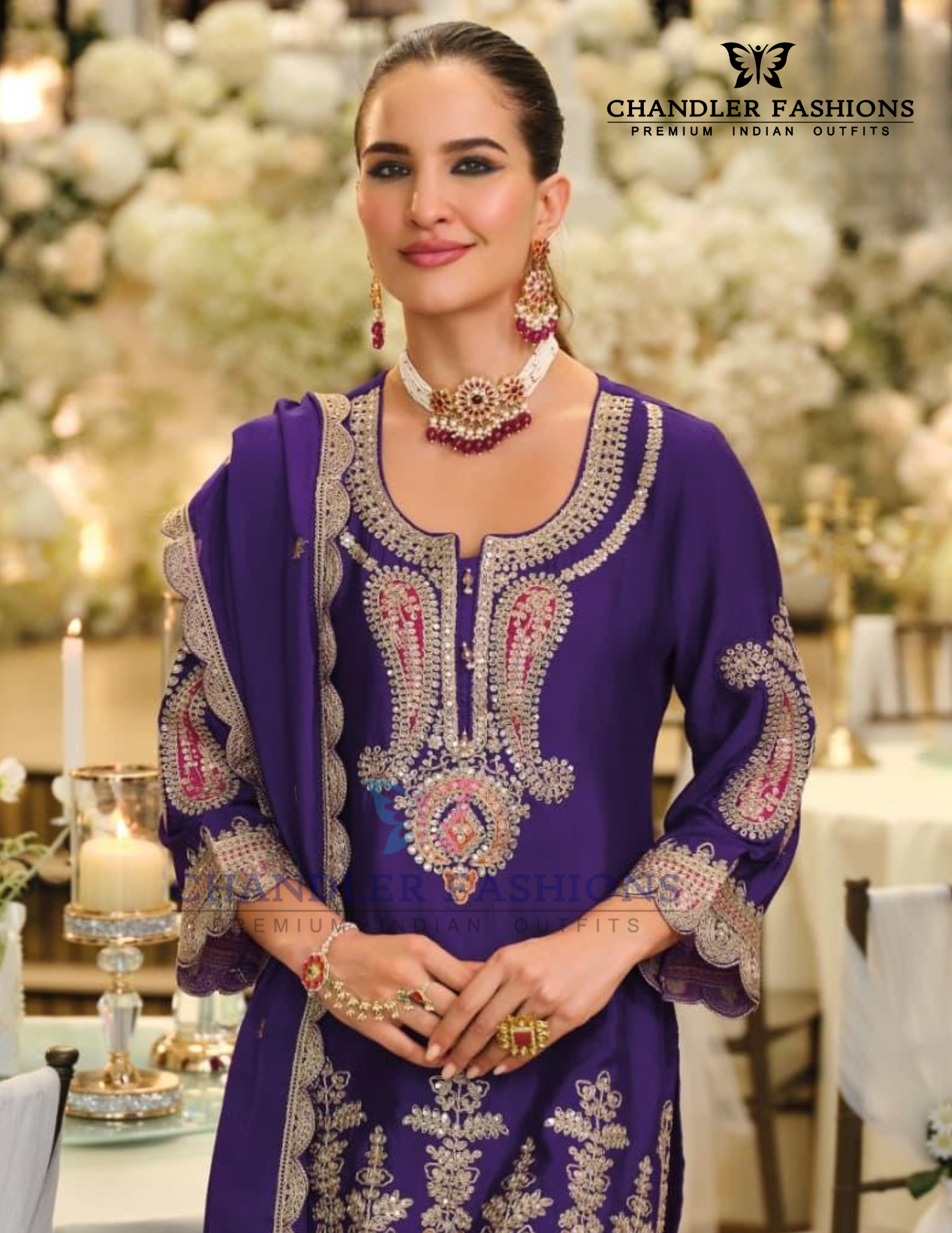 Purple Color Chinon With Embroidery Work Palazzo Suits And Dupatta In Chandler