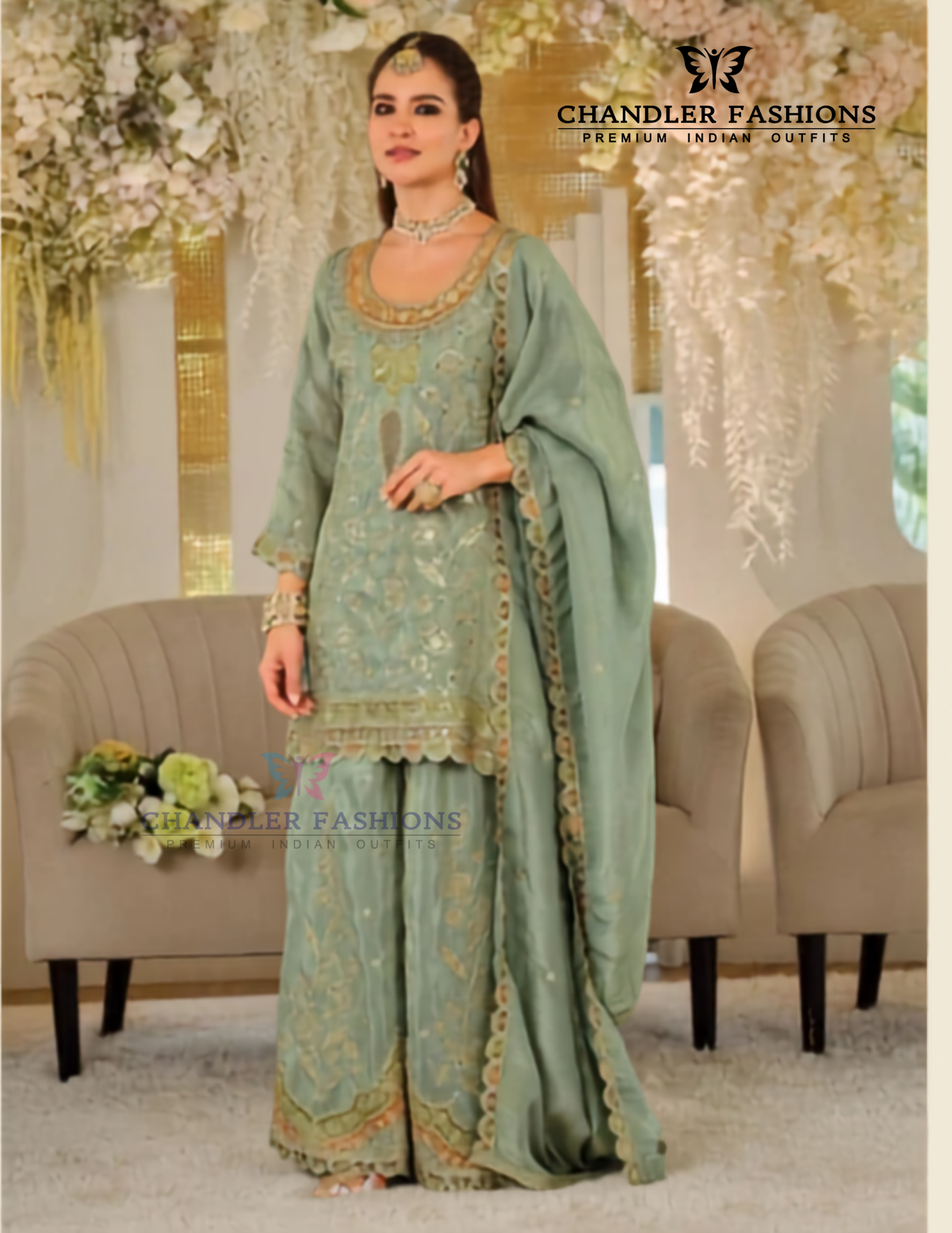 Amazing Sea Green Color Chinon With Embroidery And Sequins Work Palazzo Suit With Dupatta For Women