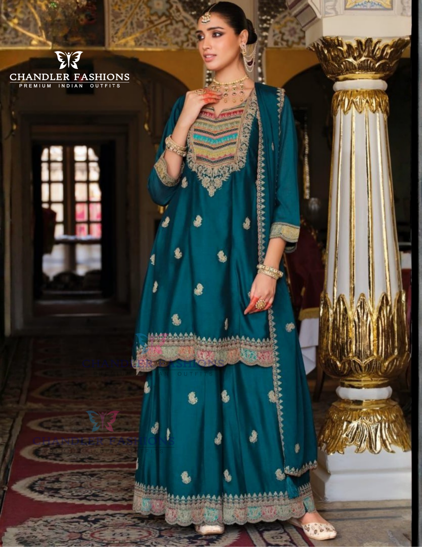 Exquisite Teal Blue Color Heavy Chinon Palazzo Suits With Embroidery Work For Women