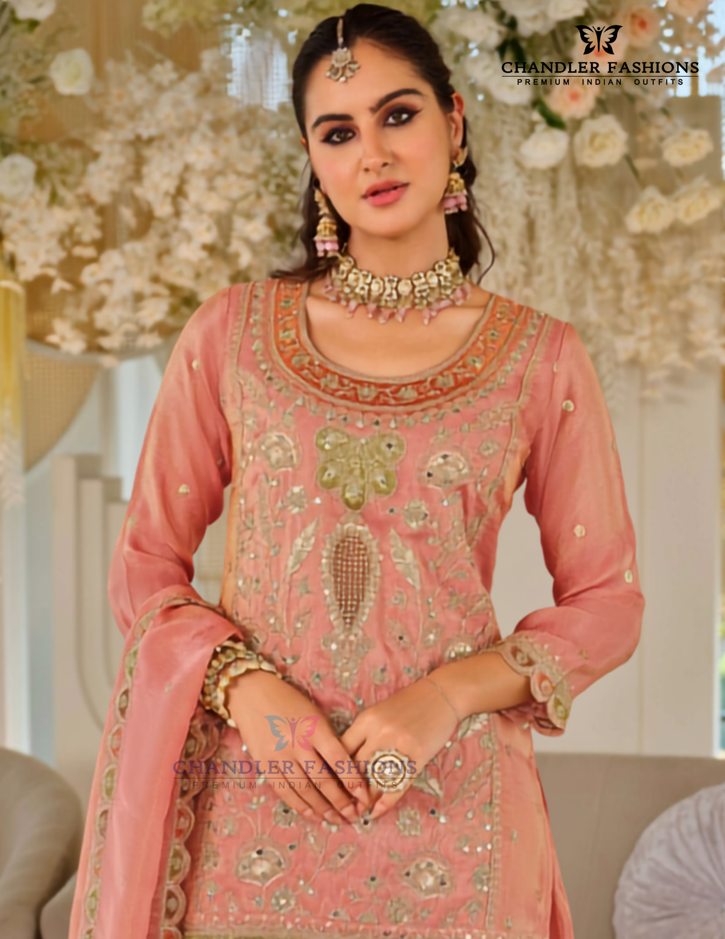 Peach Color Chinon With Embroidery And Sequins Work Palazzo Suit In USA