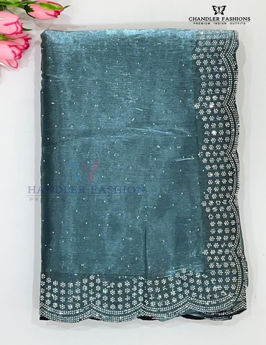 Gorgeous Gray Color Soft Space Silk Saree With Stone Work For Women