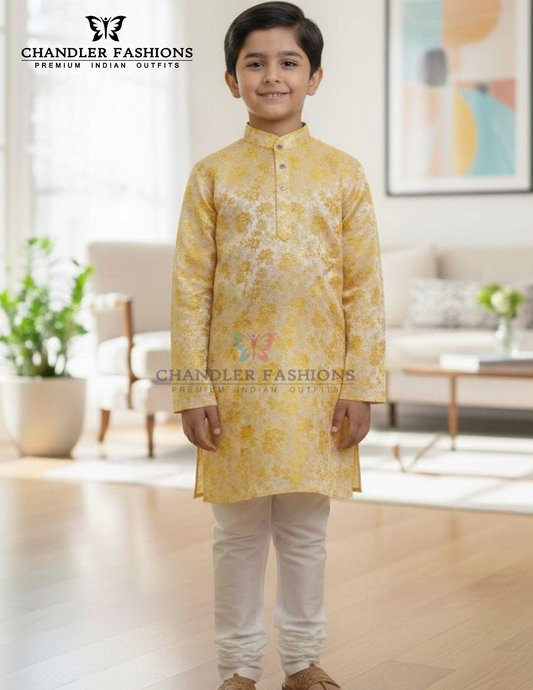 Elegant Light Yellow Color Jacquard Silk With Pajama Kurta For Boys