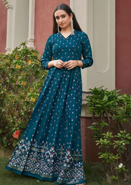 Charming Teal Blue Color Heavy Rayon With Foil Prints Kurti For Women