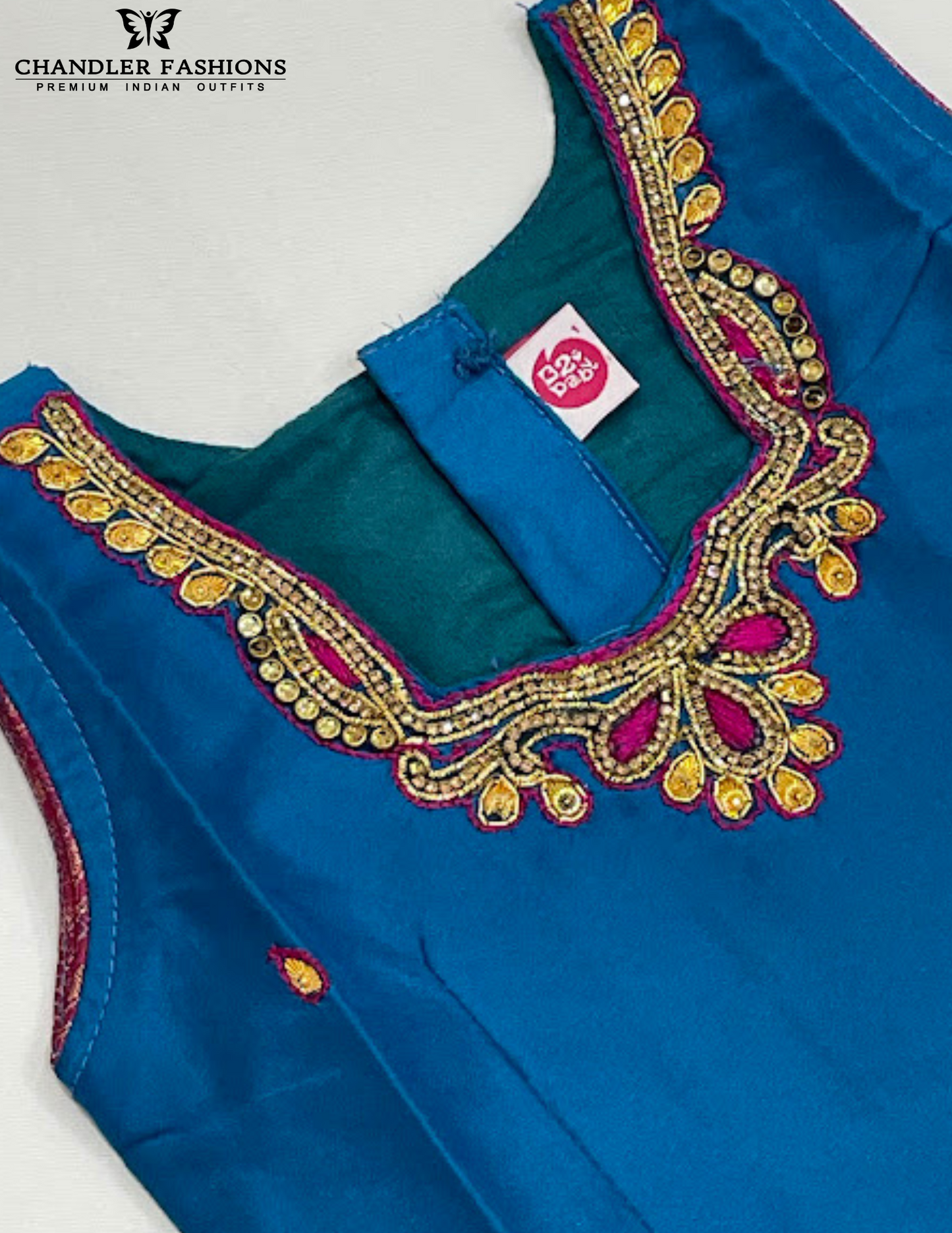 Teal Blue And Pink Color Silk Langa Sets With Stone Work In Mesa