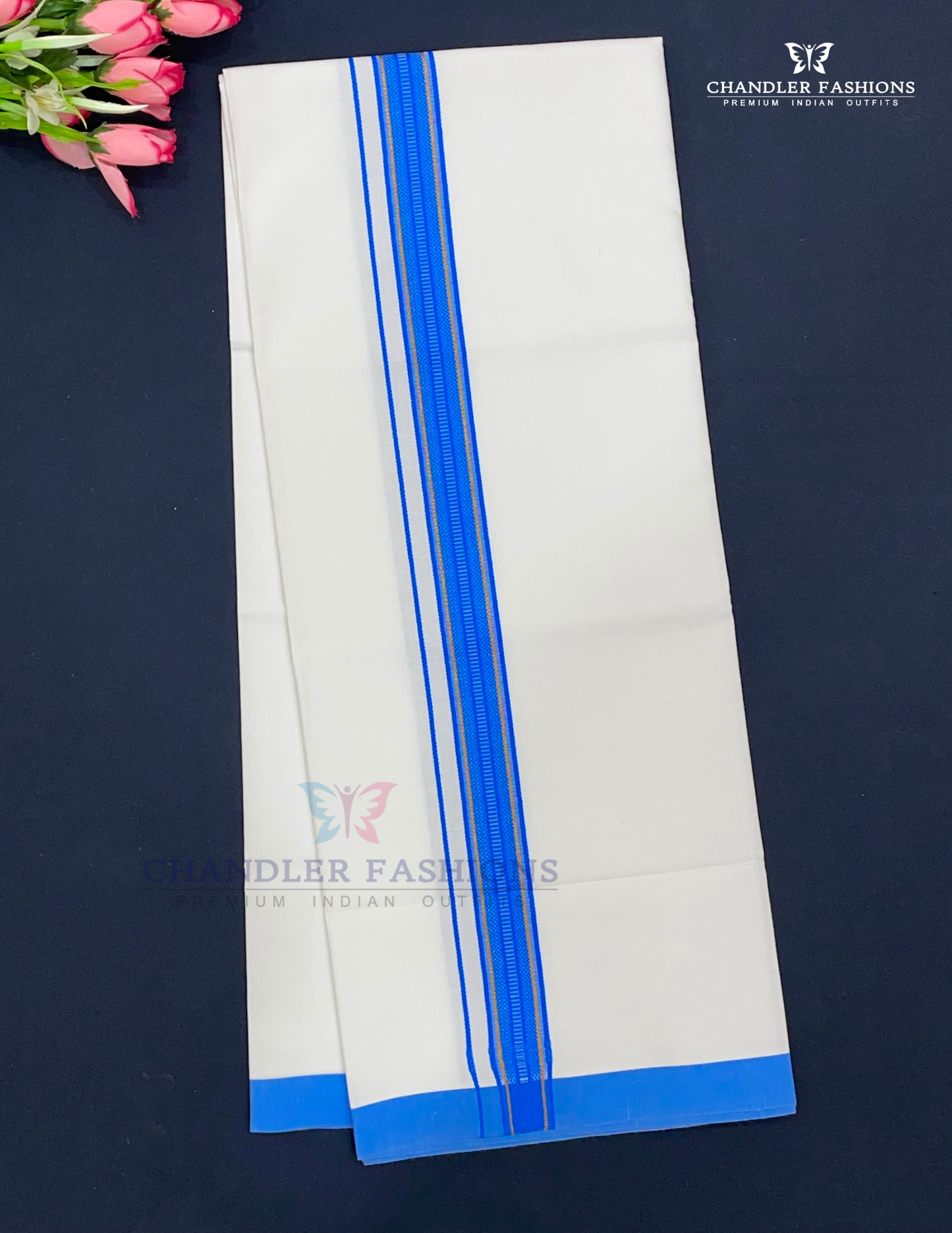 Men's White Color Cotton Dhoti With Blue Border Near Me