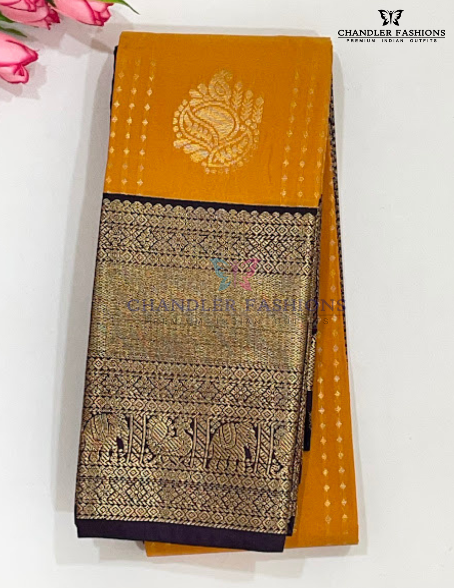 Magnificent Yellow Color Pure Kanchi Silk With Purple Color Flower Motifs Border And Gold Zari Work Saree For Women
