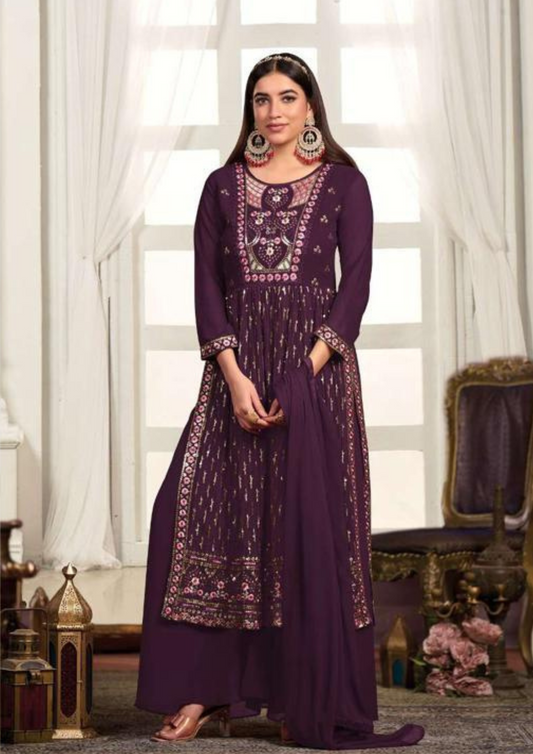 Stunning Purple Color Kurti With Palazzo Suits With Nazmin Dupatta