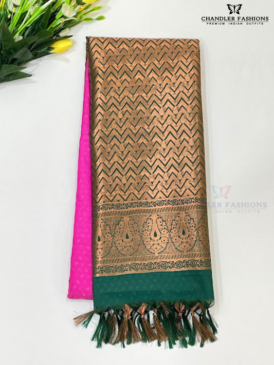 Pretty Pink Color Soft Silk Saree With Leaf And Wave Design Zari Work For Women