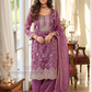 Appealing Purple Color Shimmer With Embroidery Work Palazzo Suits For Women