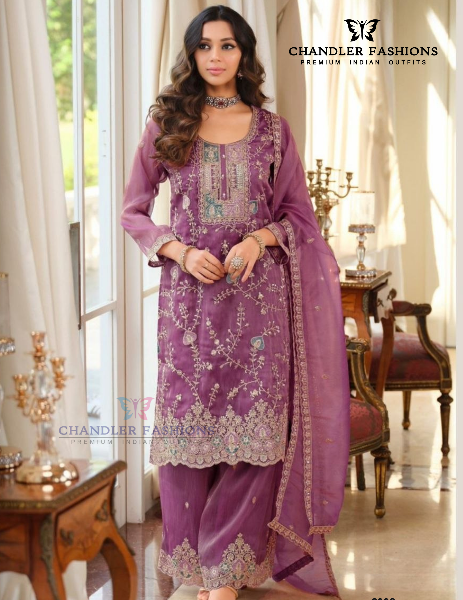 Appealing Purple Color Shimmer With Embroidery Work Palazzo Suits For Women