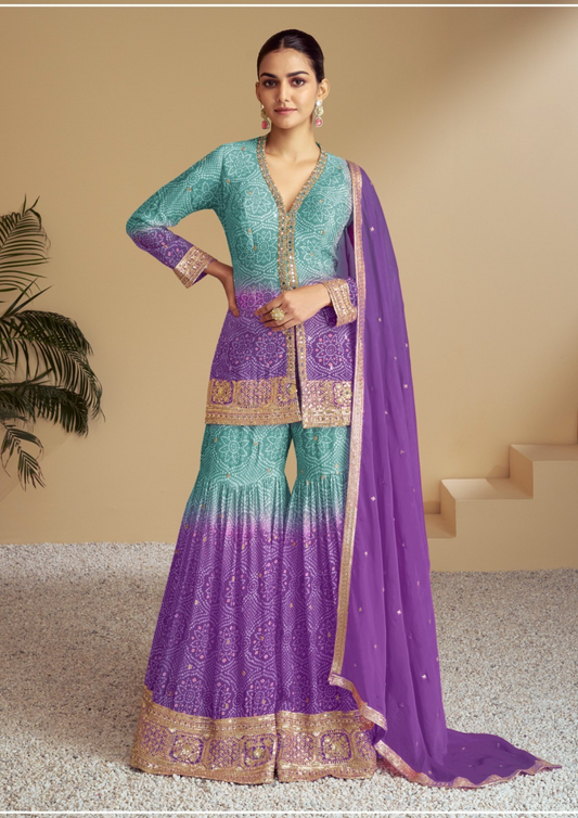Beautiful Blue And Voilet Color Embroidery And Sequence Work With Sharara Suits