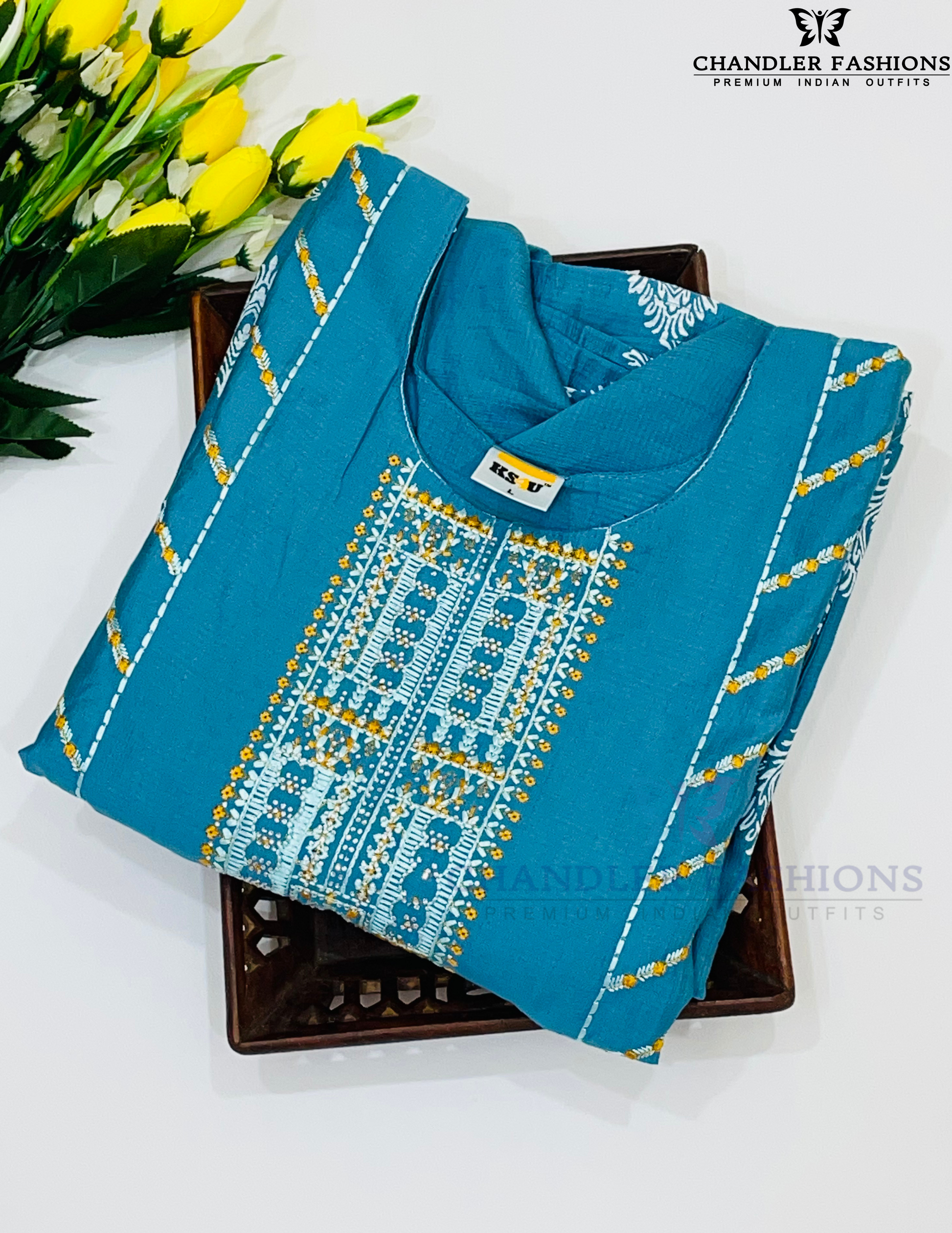 Attractive Teal Blue Color Cotton With Embroidery Sequins Work Kurti In Tempe