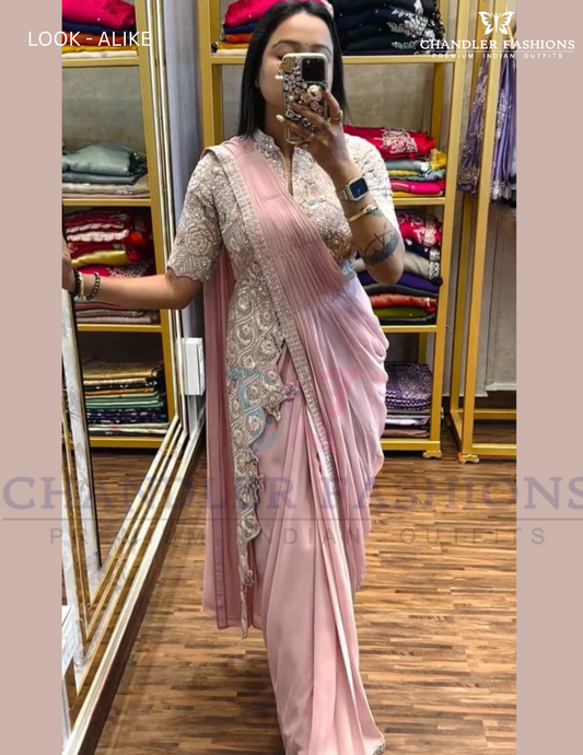 Stunning Light Pink Color Ready To Wear Chinon Embroidery Saree For Women