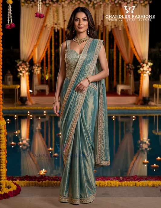 Attractive Teal Blue Color Tissue Silk Lehenga Choli With Embroidery And Sequins Work For Women