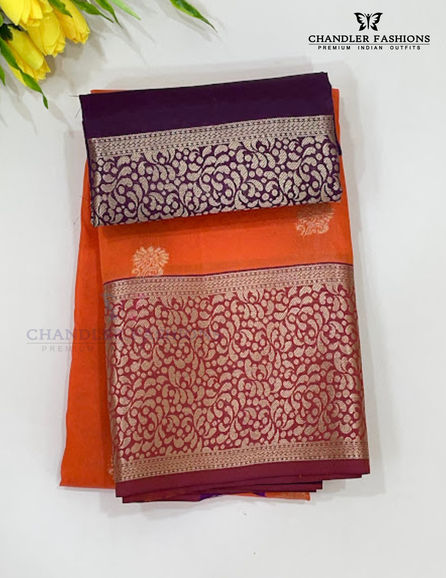 Beautiful Orange Color Pure Kanchi Silk With Gold Zari Work Saree For Women - SILKMARK CERTIFIED