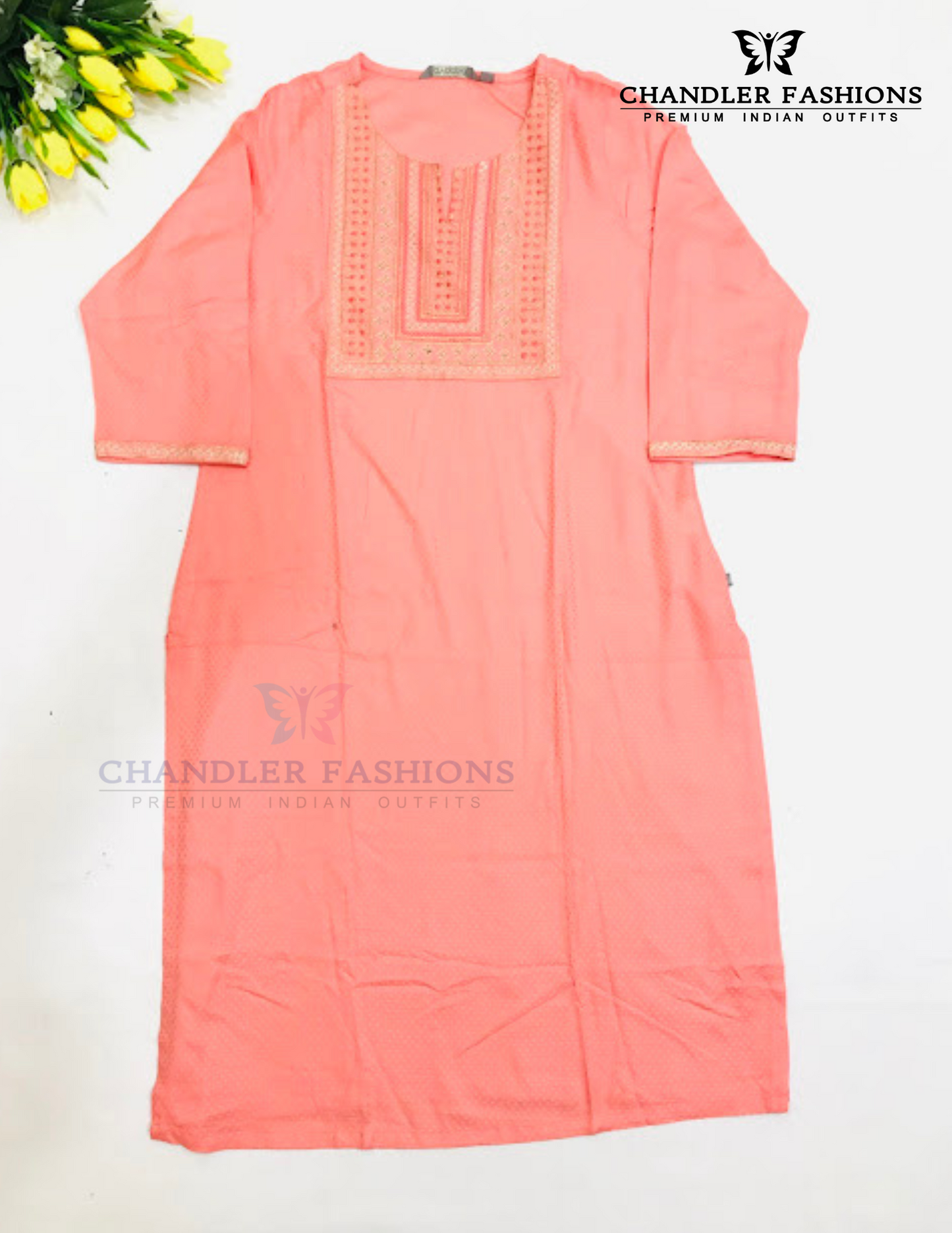 Charming Peach Color Cotton With Embroidery And Sequins Work Kurti For Women