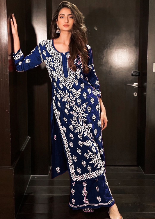 Ravishing Blue Color Embroidery Work With Rayon Kurti With Palazzo Suits For Women