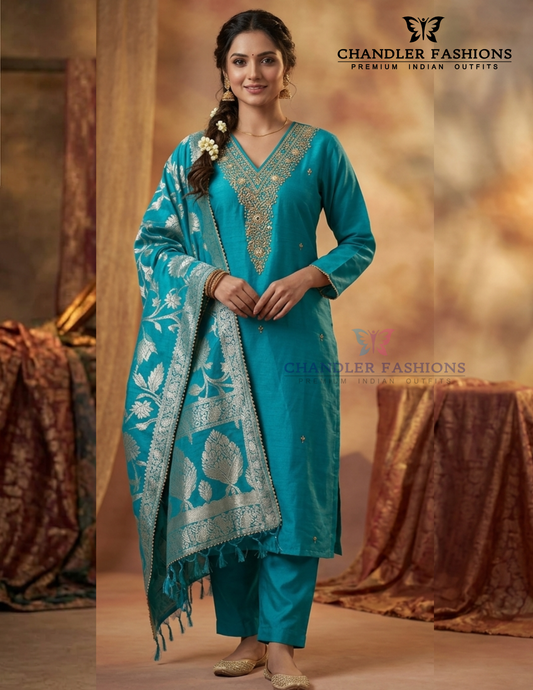Ravishing Sky Blue Color Silk With Stone Work Salwar Suits For Women