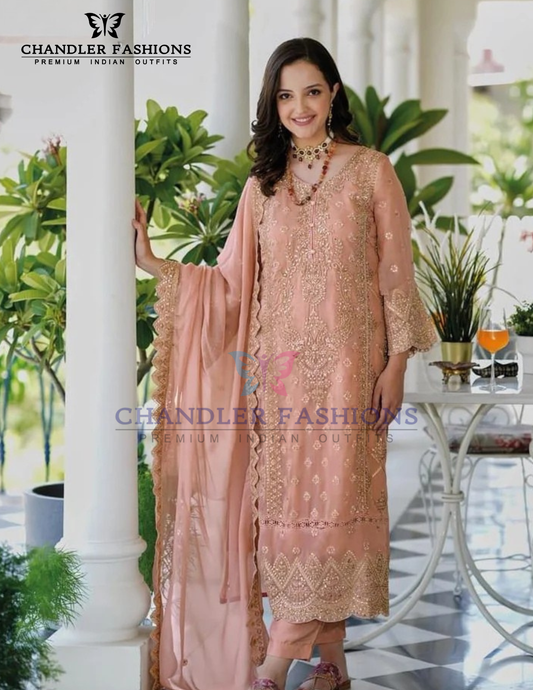 Pretty Peach Color Soft Organza Embroidery Work Salwar Suits With Dupatta