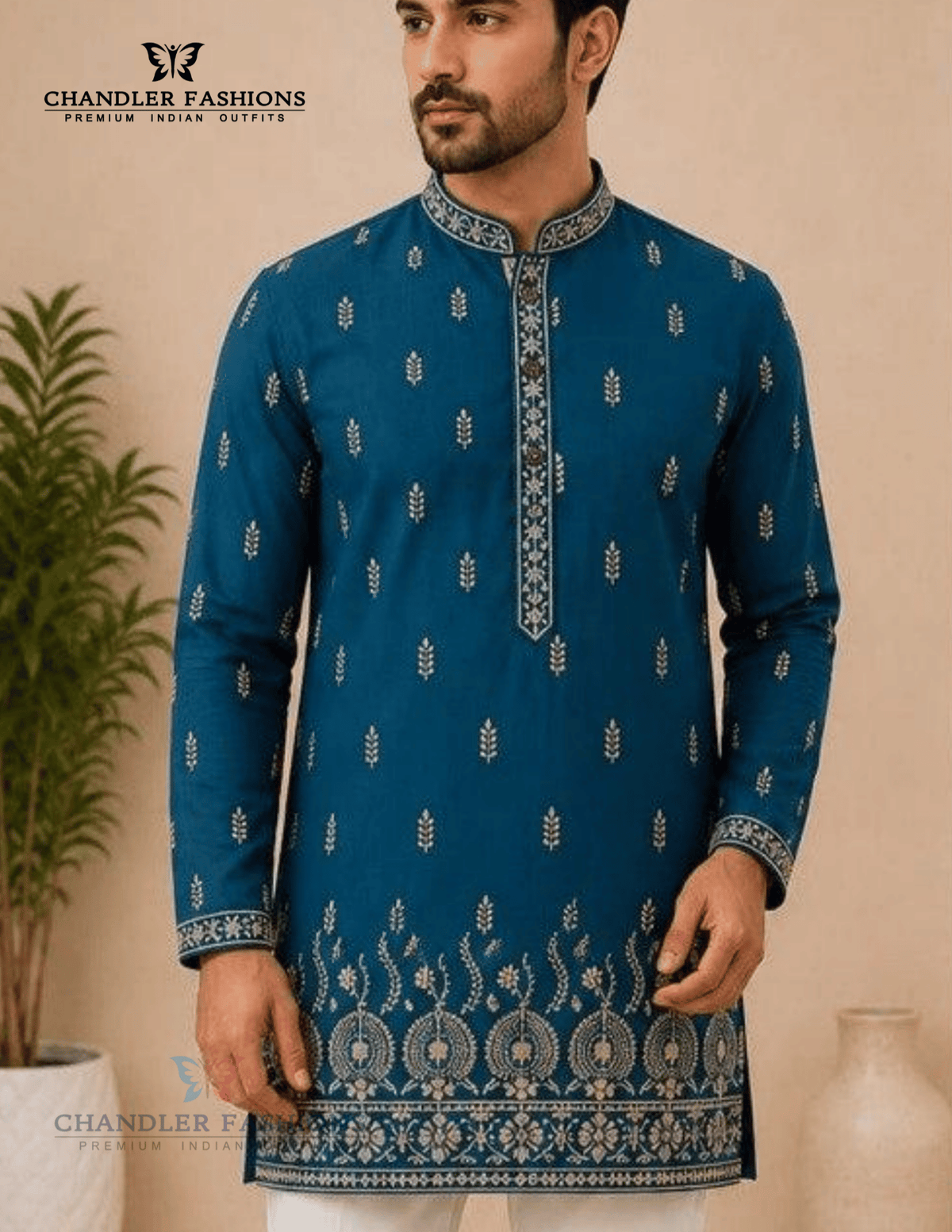 Alluring Teal Blue Color Linen Cotton With Print Work Men's Kurta For Men