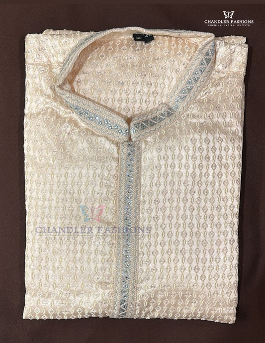 Amazing Peach Color Raw Silk With Embroidery And Sequins Work Kurta Suits For Men