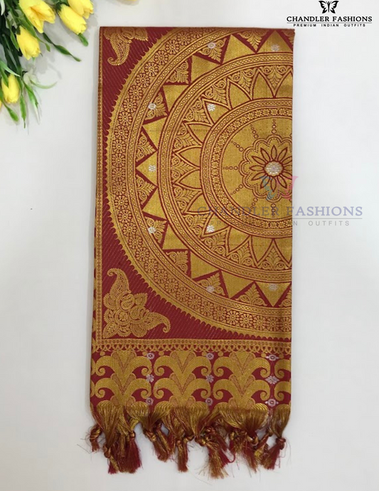 Delightful Red Color Art Silk With Gloden Zari Work Shawl (Ponnadai) For Guest