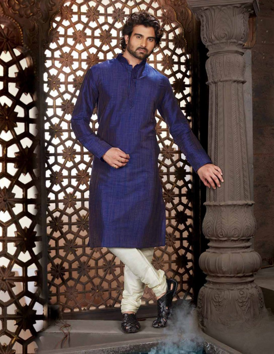 Alluring Blue Color Dupion Silk Lace Work With Pajama Set For Men's Kurta