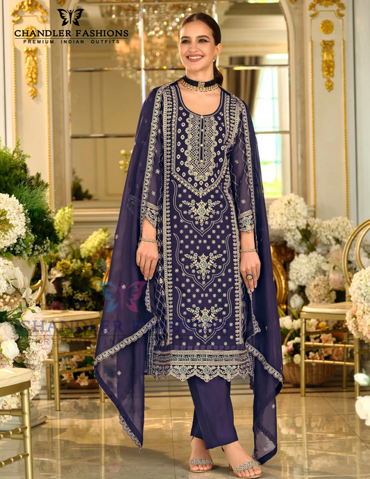 Gorgeous Purple Color Soft Organza With Embroidery Work Salwar Suits For Women