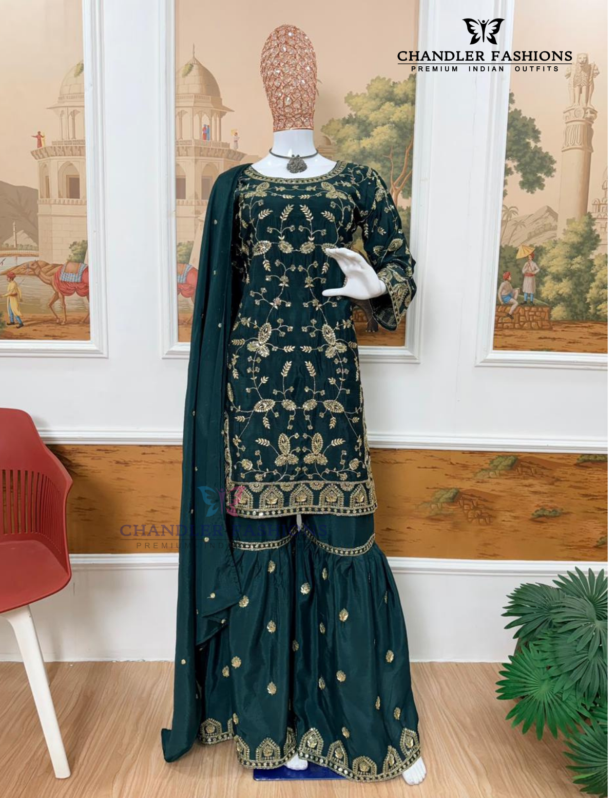 Green Color Chinon With Embroidery Work Sharara Suits With Dupatta In USA