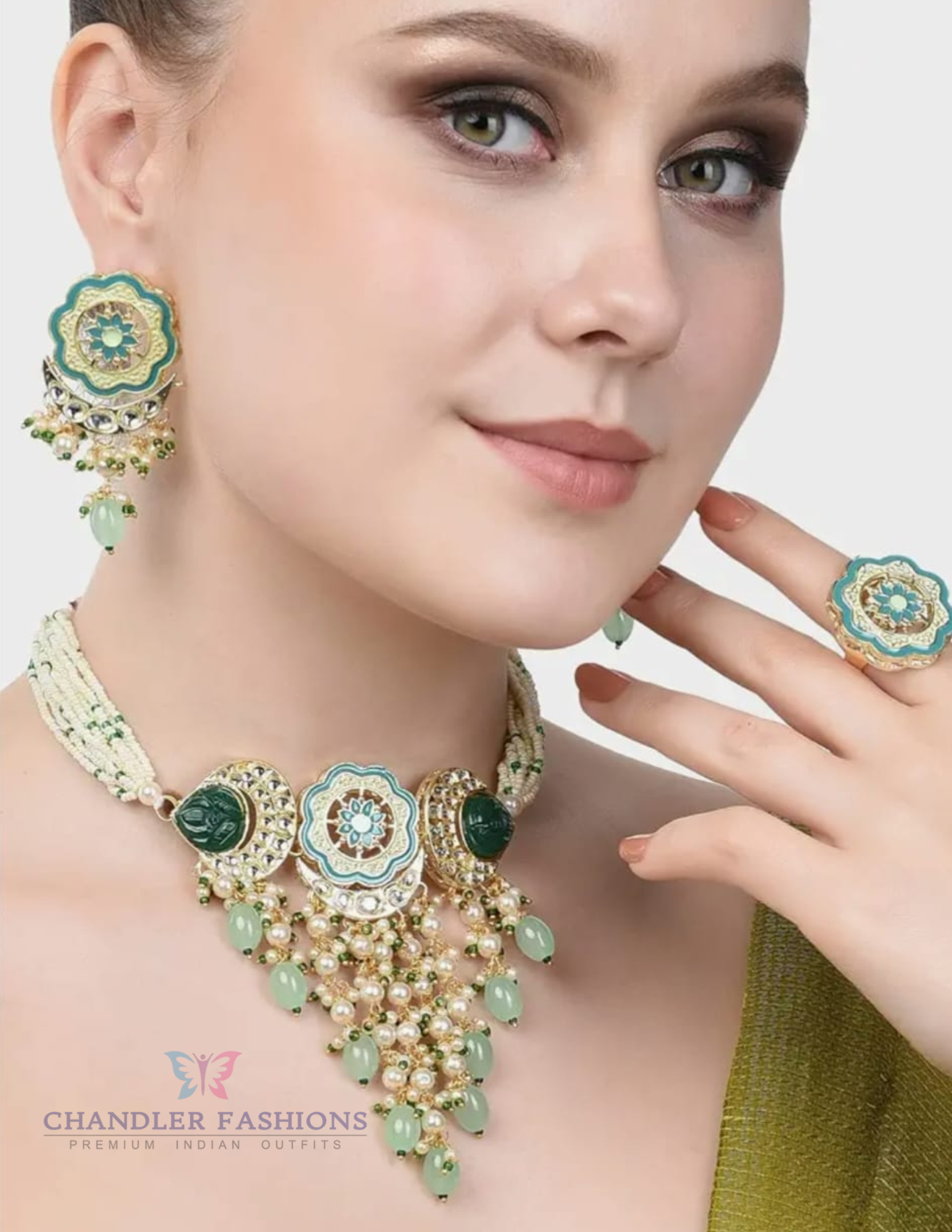 Captivating Blue And Green Pearl Beaded Kundan Set With Rings For Women