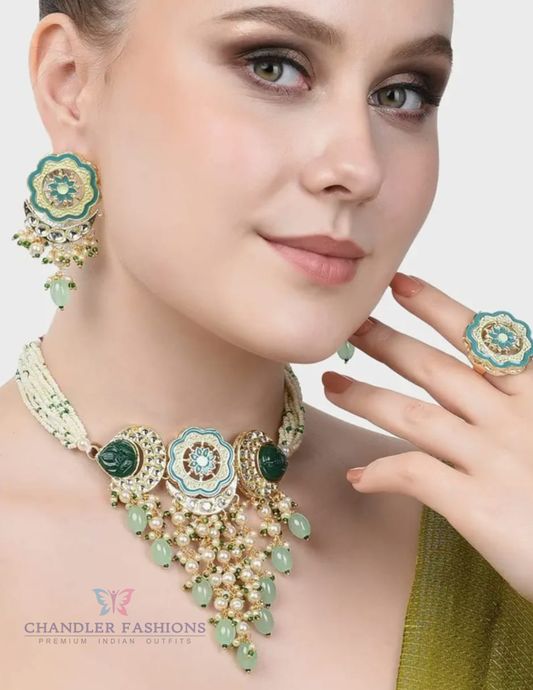 Captivating Blue And Green Pearl Beaded Kundan Set With Rings For Women