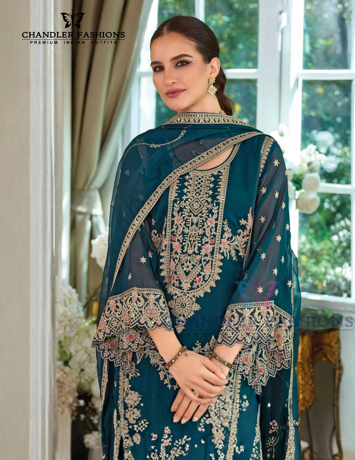 Charming Teal Blue Color Soft Organza With Embroidery Work Salwar Suits Near Me