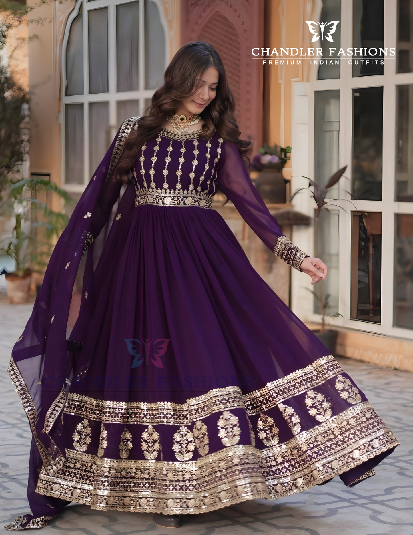 Purple Color Faux Blooming With Embroidery Work Gown In USA