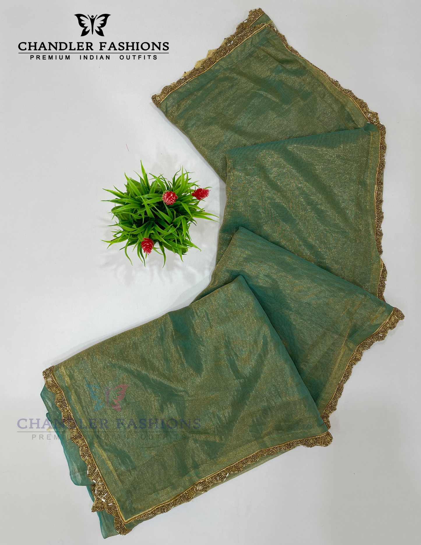 Green Color Soft Organza Saree With Beads Border Work In Tempe
