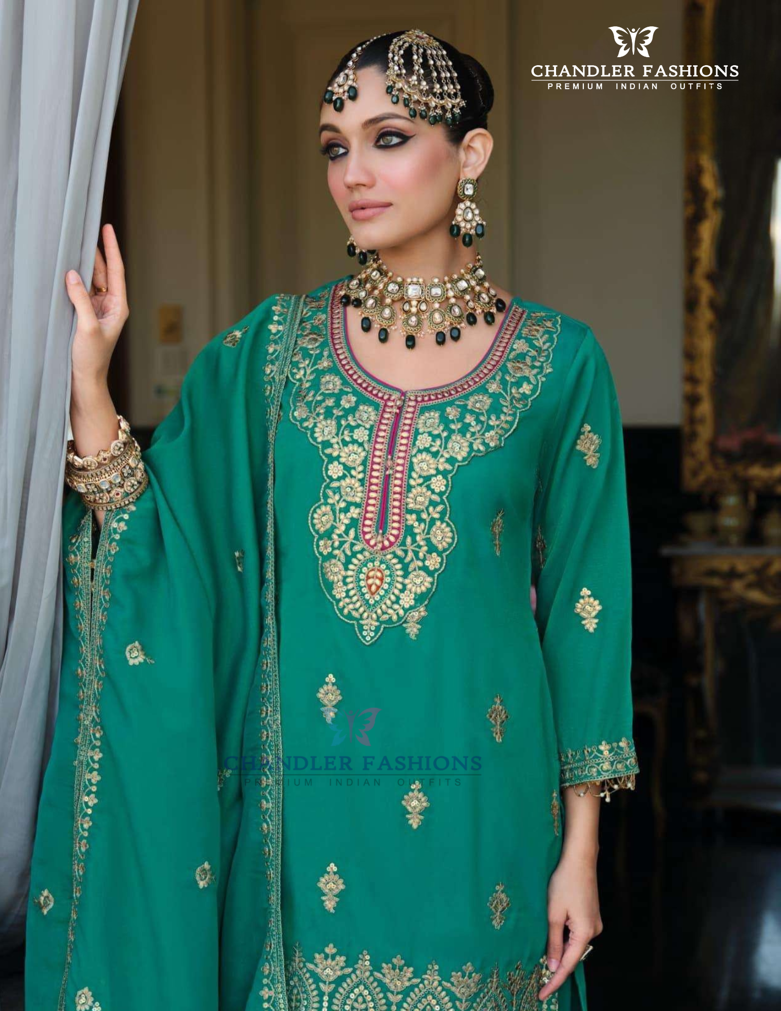 Green Color Shimmer With Embroidery Work Palazzo Suits Near Me