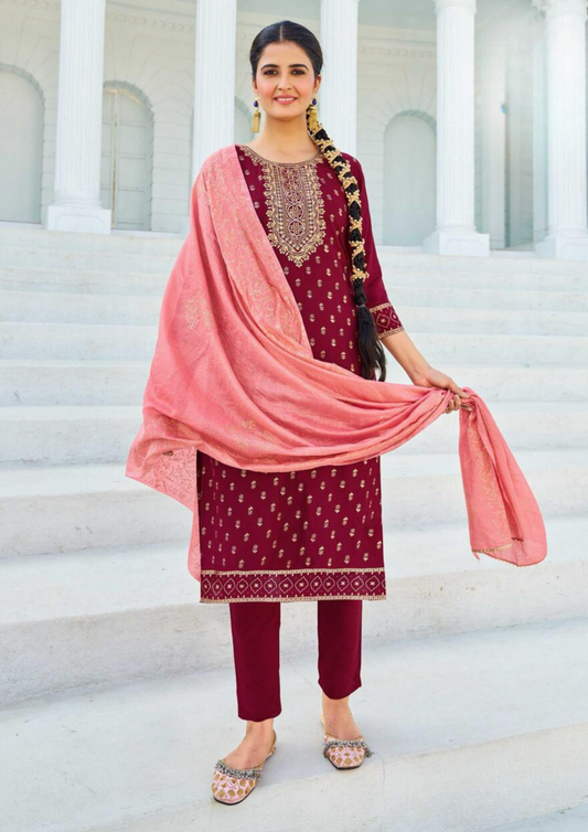 Attractive Maroon Color Rayon With Foil Print Kurti And Dupatta Sets For Women