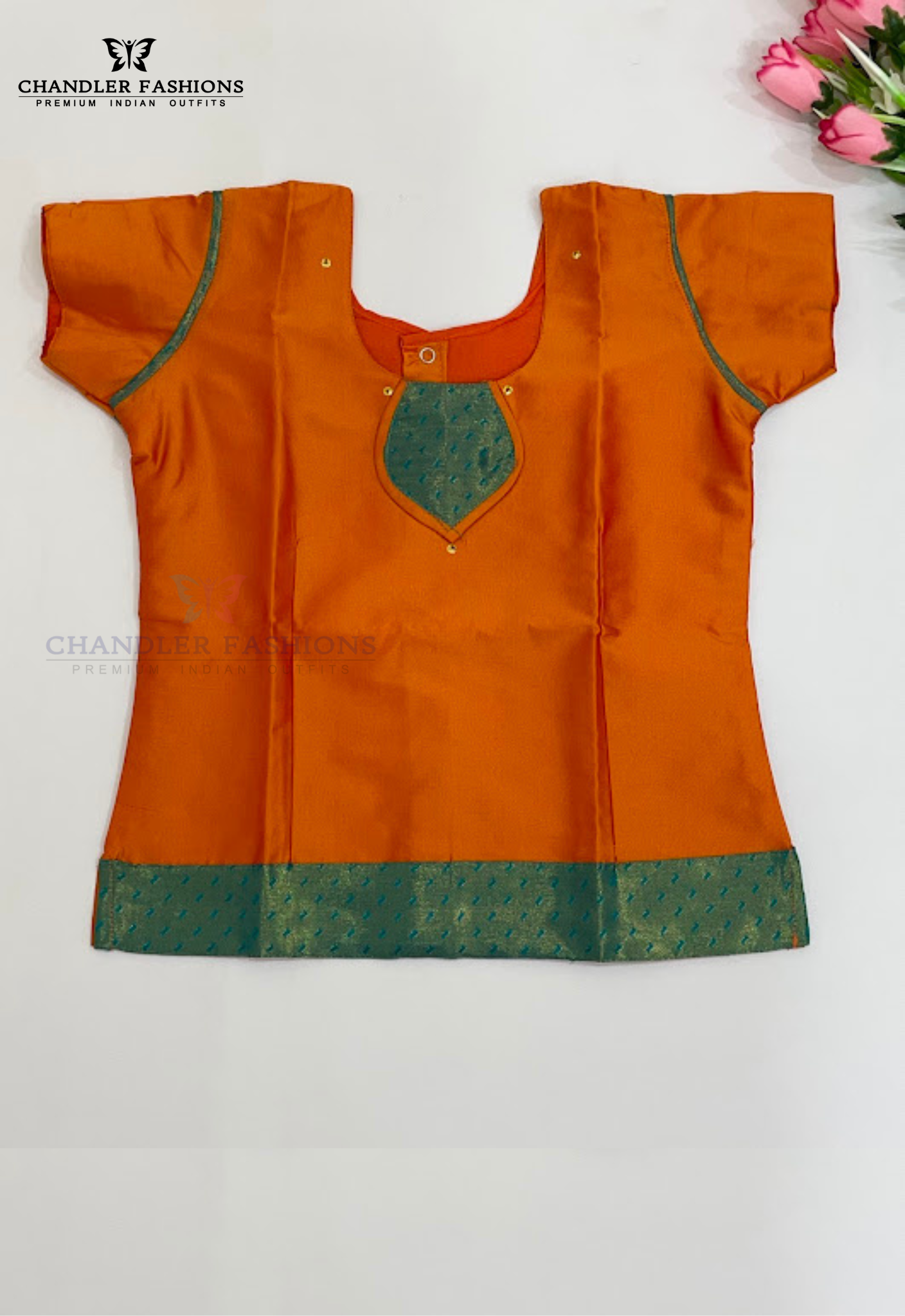 Elegant Orange Color Silk Langa Sets With Zari Work For Girls