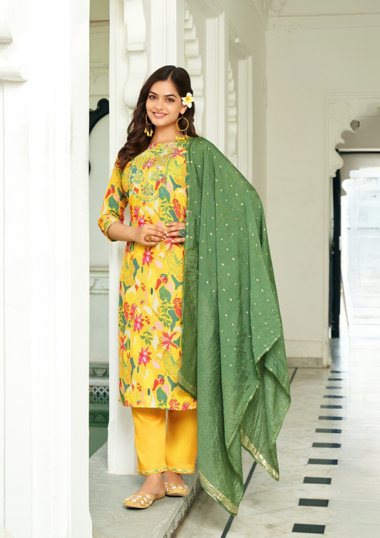 Gorgeous Yellow Color Straight Kurthi With Pant And Fancy Jacquard Dupatta For Women