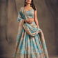 Beautiful Light Blue Color Rose Printed and Golden Zari Lehenga With Dupatta Set