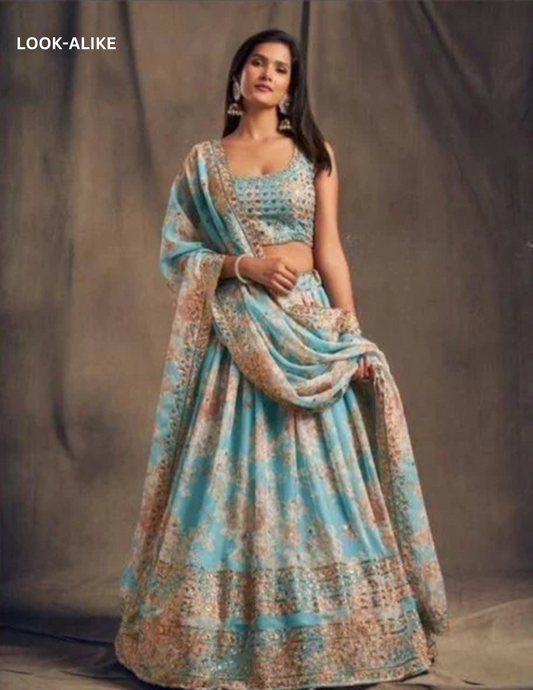 Beautiful Light Blue Color Rose Printed and Golden Zari Lehenga With Dupatta Set