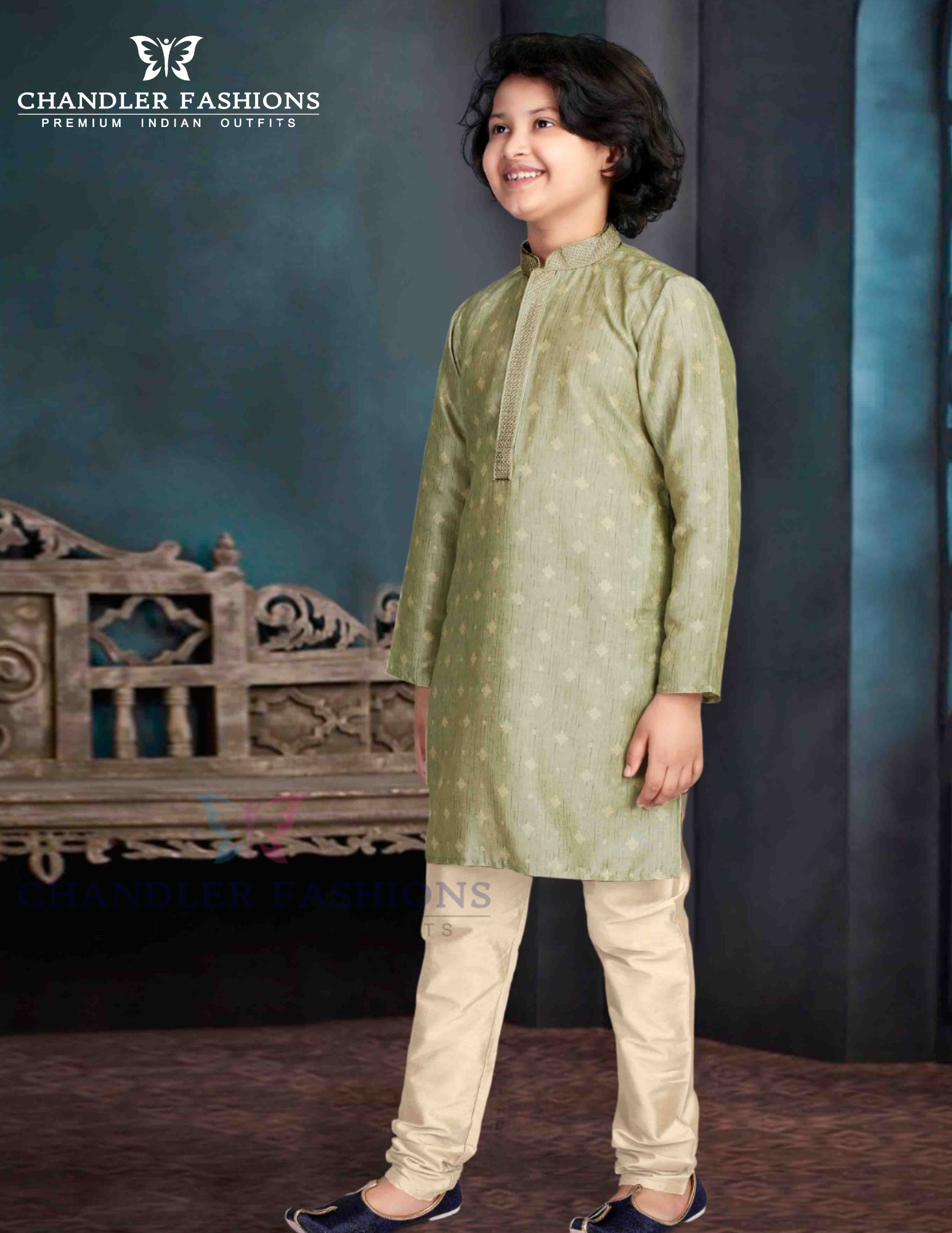 Fabulous Green Color Cotton Blend Kurta Pajama Set For Kids