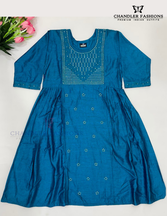 Attractive Teal Blue Color Embroidery And Sequins Work Kurti For Girls