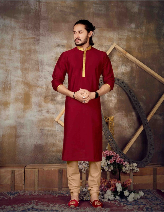 Wonderful Maroon Color Slub Silk Kurta With Pajama Set For Men's