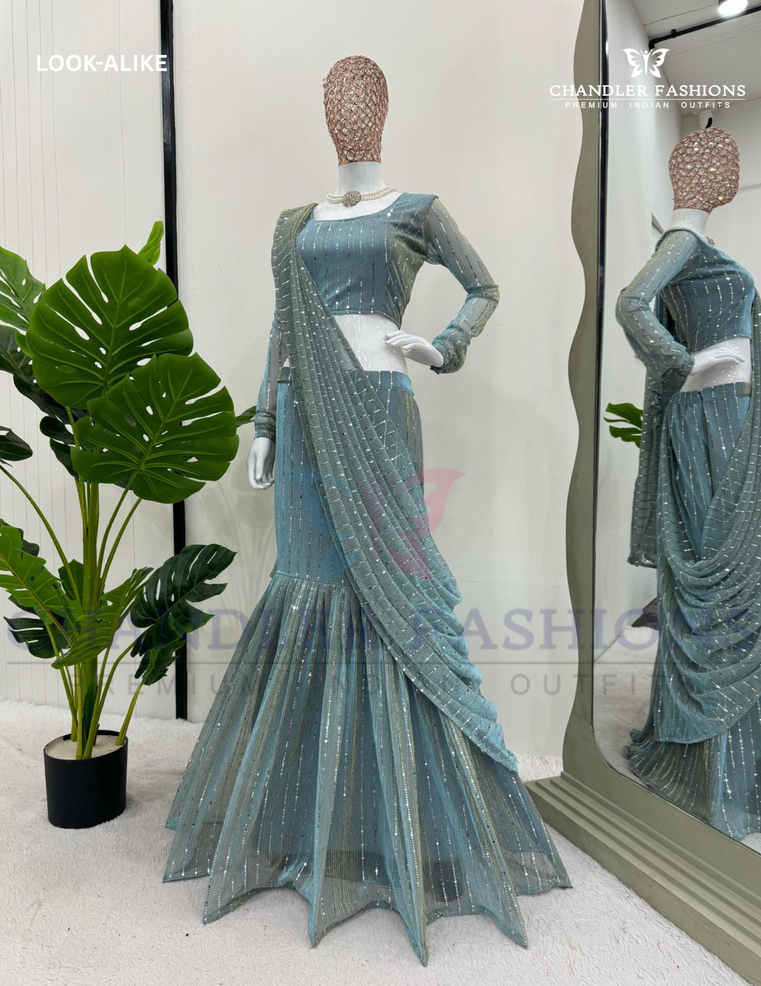 Teal Blue Color Sequins Work Lehenga Saree in USA