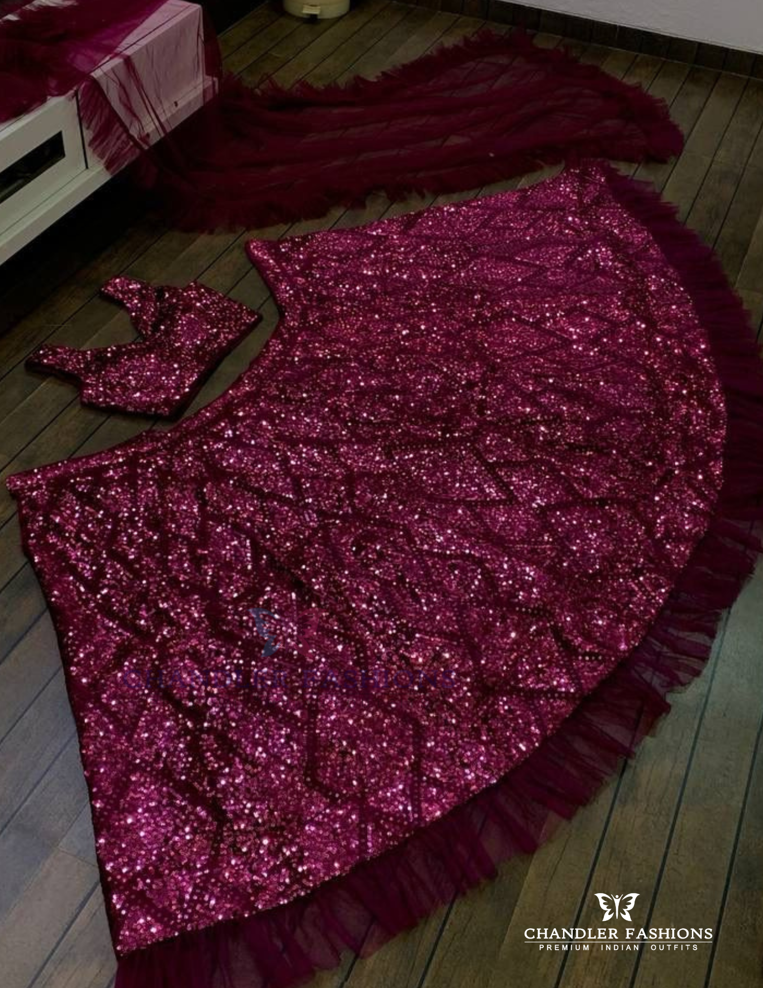 Wine Color Thread And Sequins Work Lehenga Near Me