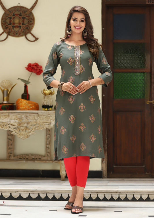 Gorgeous Gray Color Rayon Kurti With Embroidery Work For Women