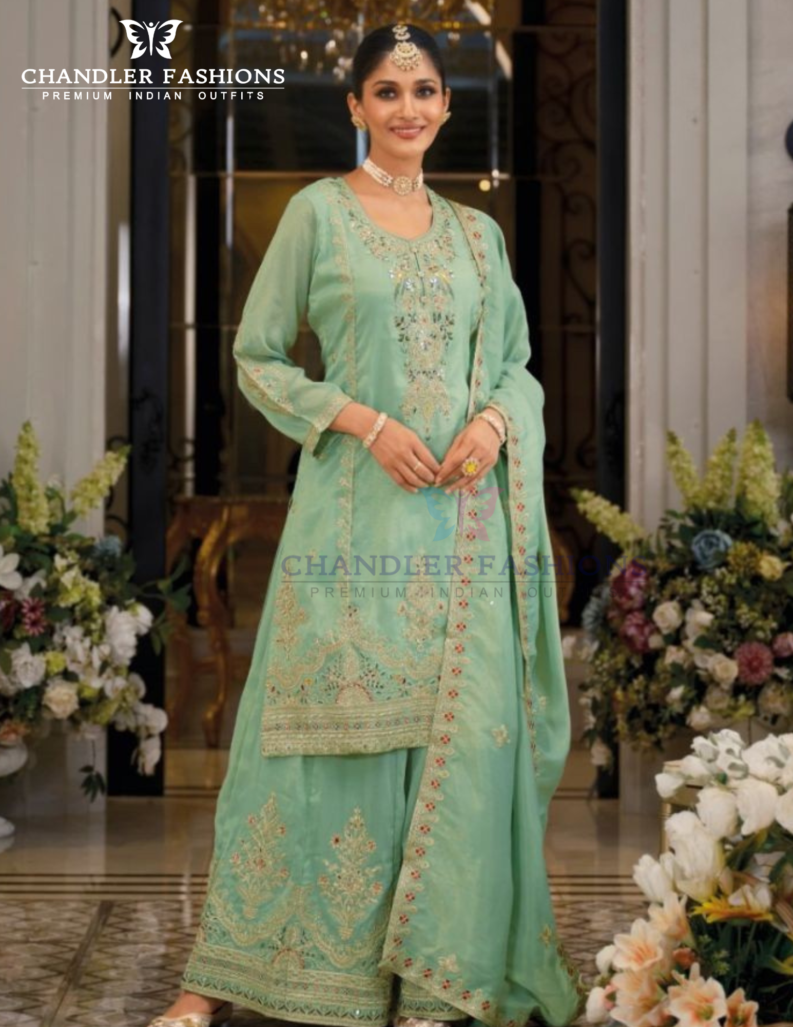 Chinon Embroidery Work Kurti Palazzo Pant With Dupatta Near Me